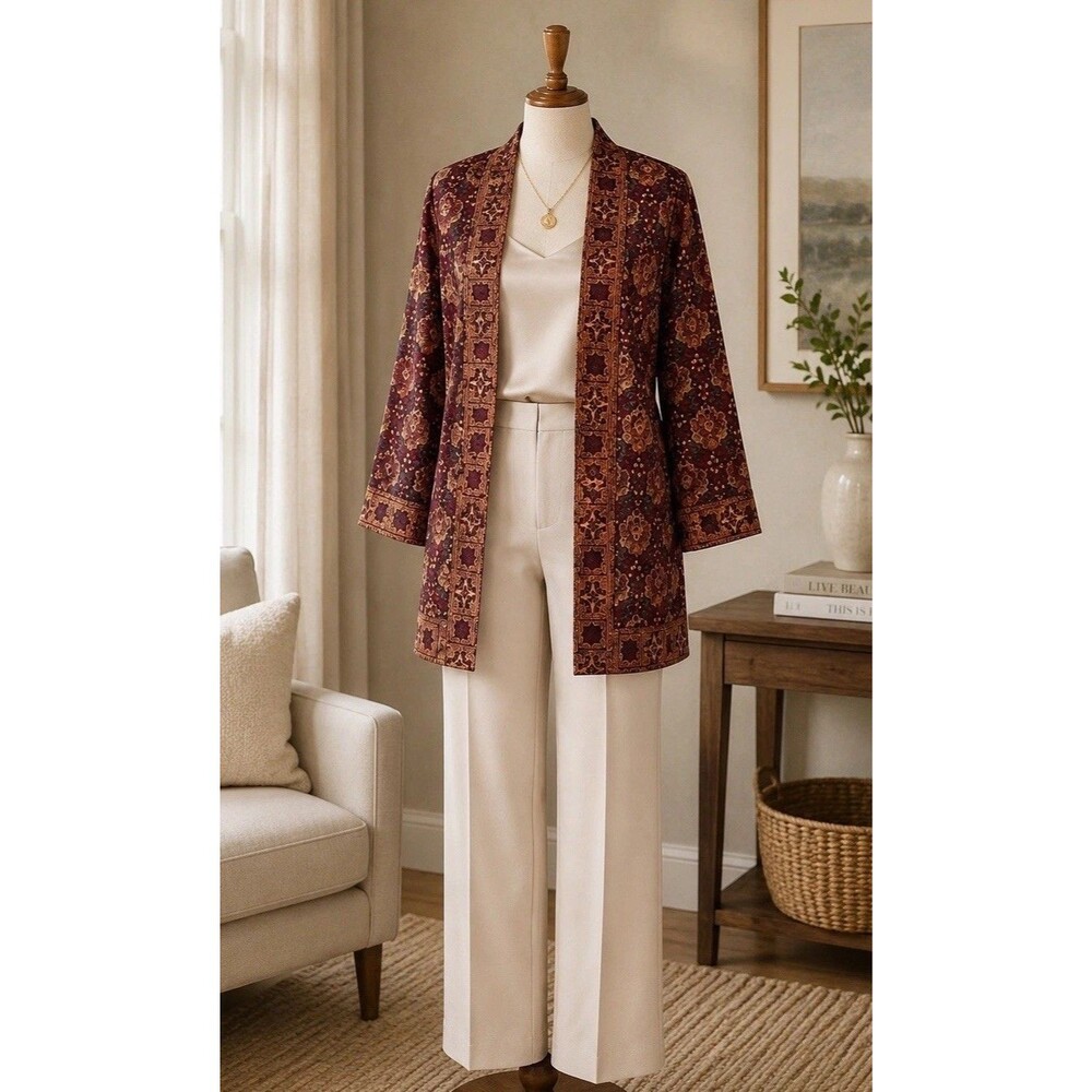 Jeevan Women L Silk Blend Tapestry Jacket Open Front Boho Kimono Floral Lined